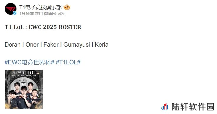 T1官宣EWC电竞世界杯参赛阵容：Doran I Oner I Faker I Gumayusi I Keria